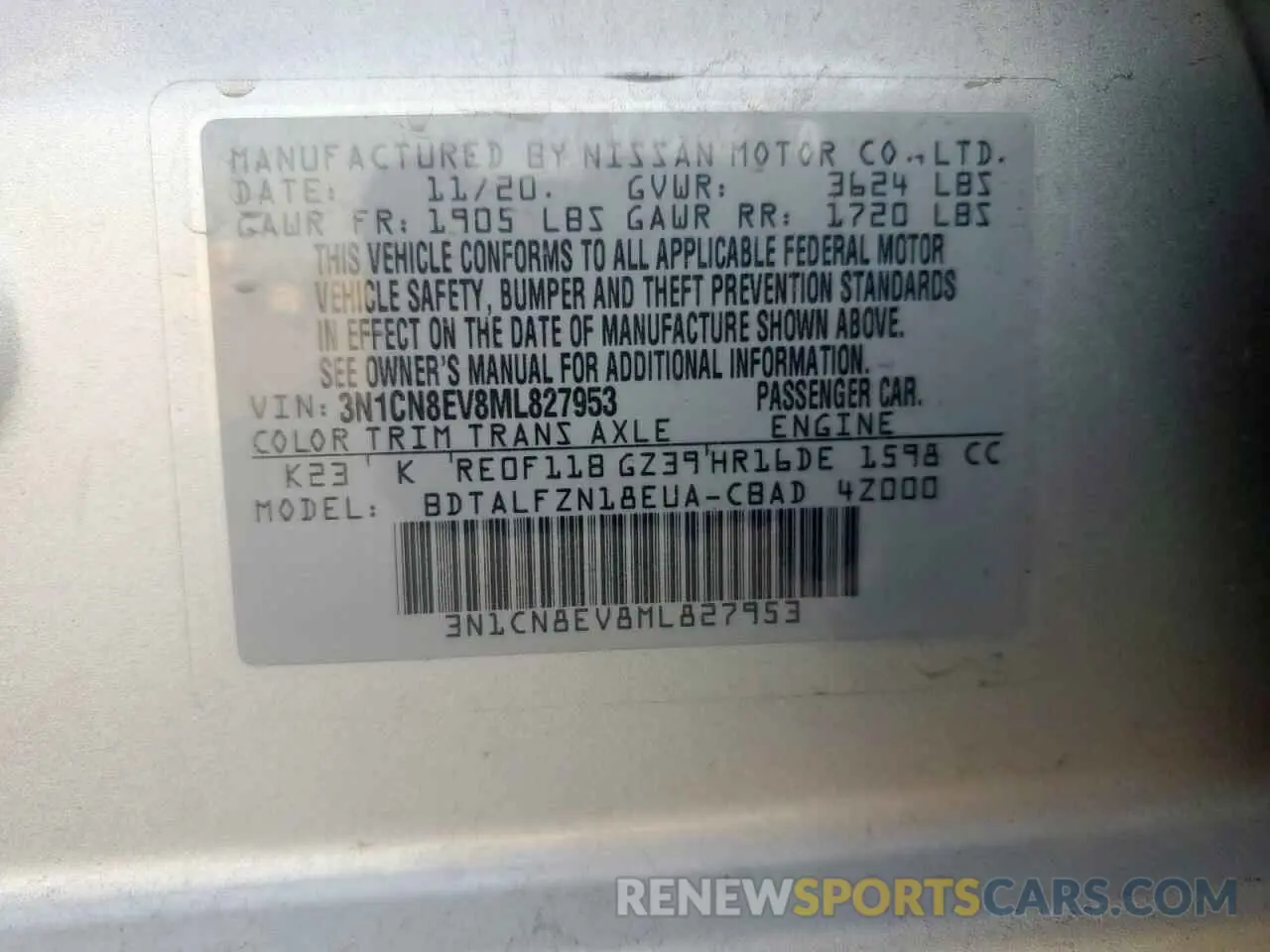 12 Фотография поврежденного автомобиля 3N1CN8EV8ML827953 NISSAN VERSA 2021