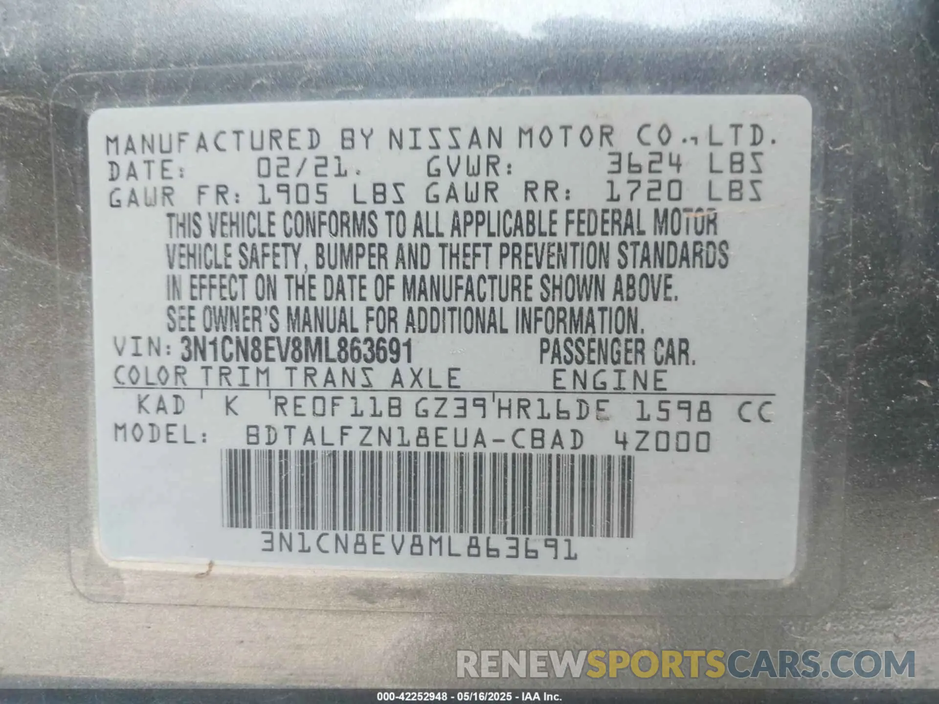 9 Photograph of a damaged car 3N1CN8EV8ML863691 NISSAN VERSA 2021