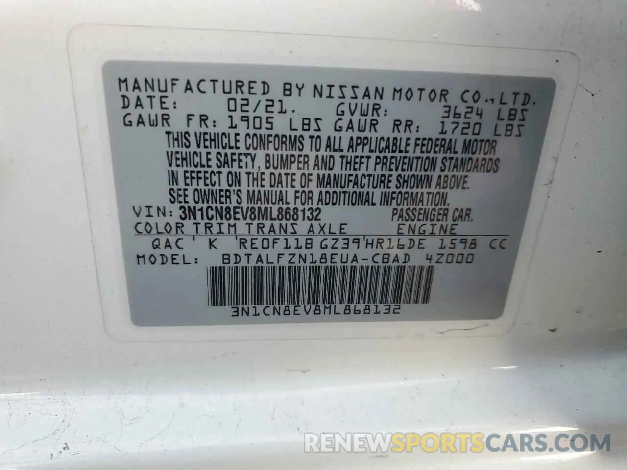 12 Photograph of a damaged car 3N1CN8EV8ML868132 NISSAN VERSA 2021