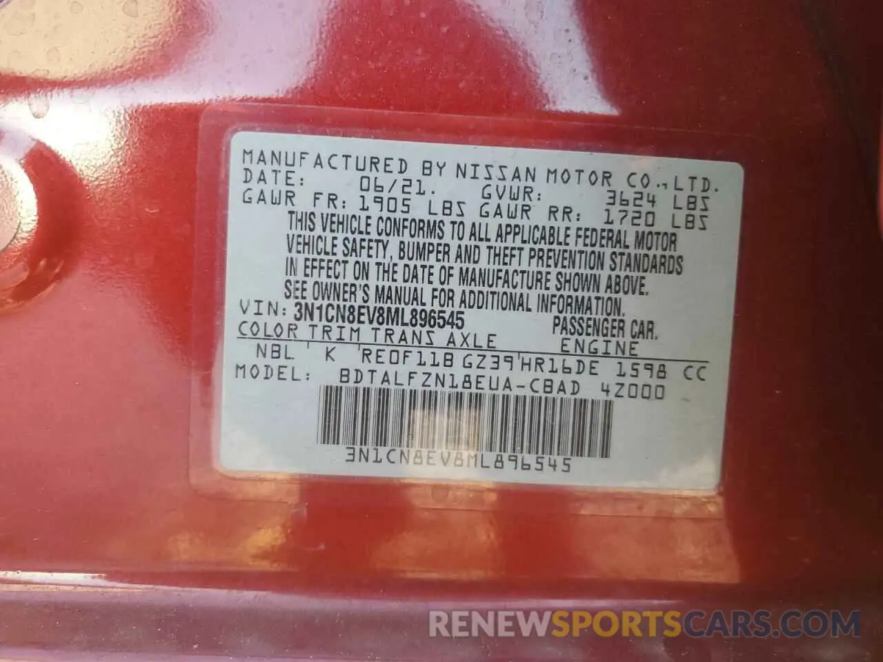 12 Фотография поврежденного автомобиля 3N1CN8EV8ML896545 NISSAN VERSA 2021