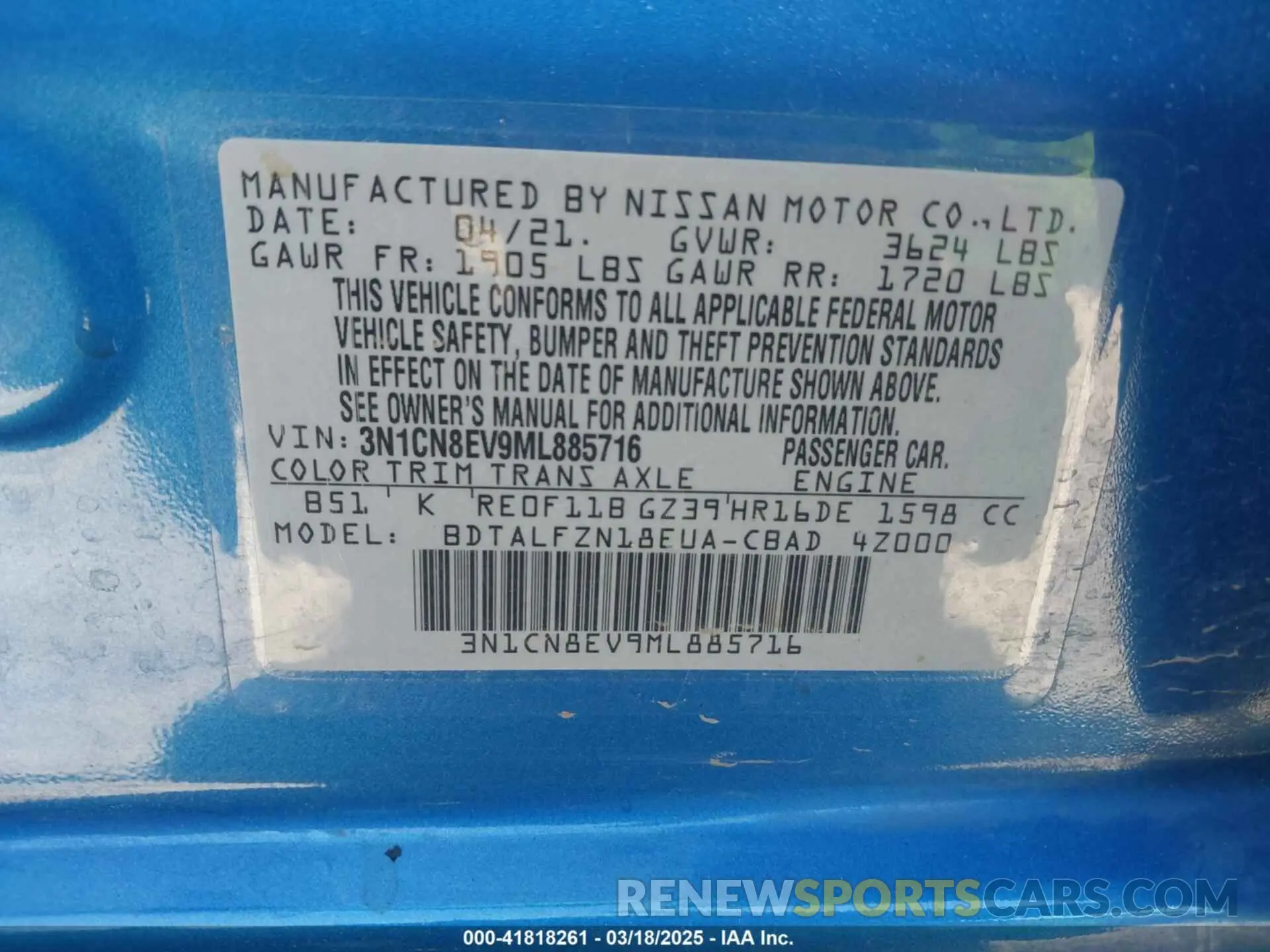 9 Photograph of a damaged car 3N1CN8EV9ML885716 NISSAN VERSA 2021