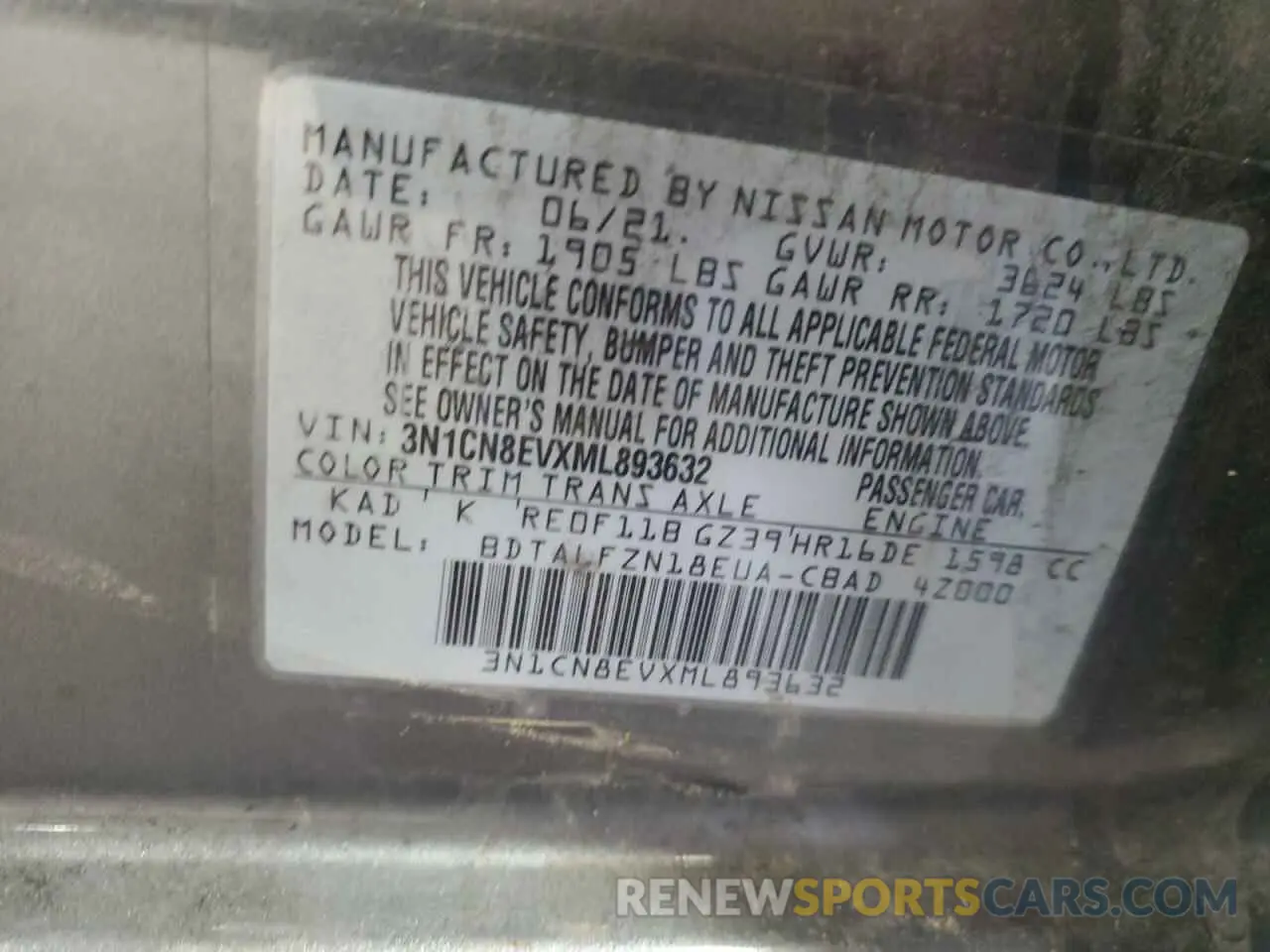 13 Photograph of a damaged car 3N1CN8EVXML893632 NISSAN VERSA 2021