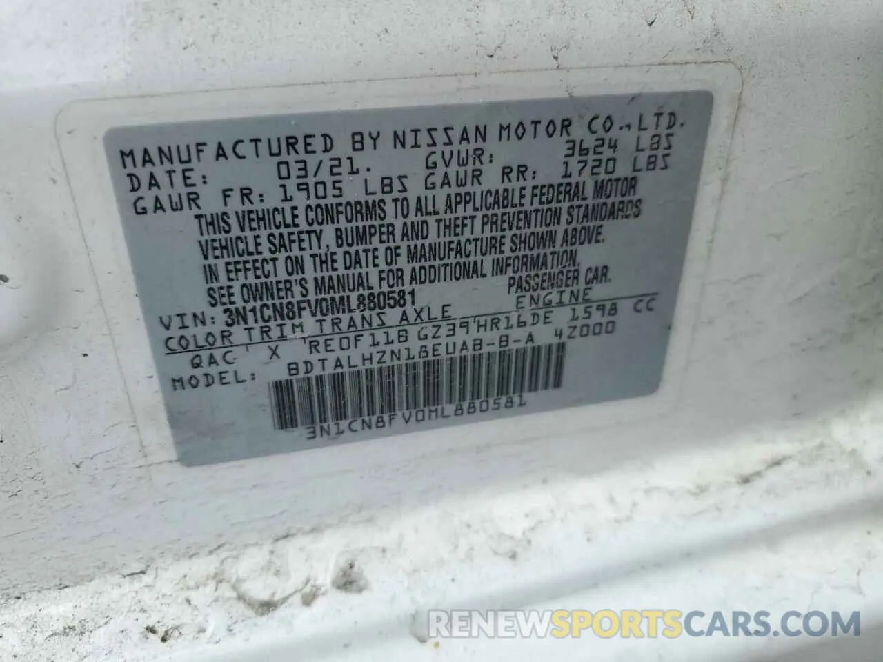 14 Photograph of a damaged car 3N1CN8FV0ML880581 NISSAN VERSA 2021