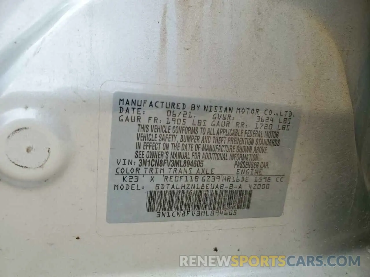 13 Фотография поврежденного автомобиля 3N1CN8FV3ML894605 NISSAN VERSA 2021