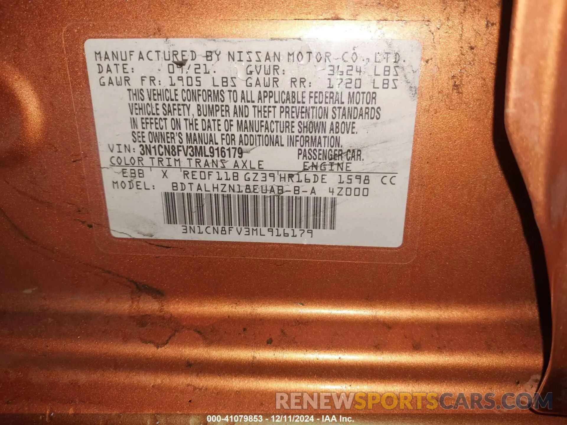 9 Photograph of a damaged car 3N1CN8FV3ML916179 NISSAN VERSA 2021