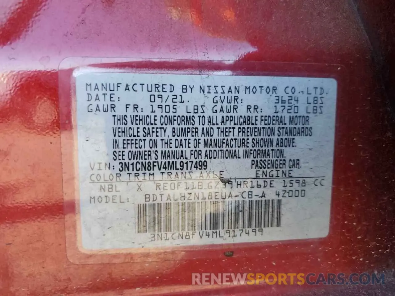 12 Фотография поврежденного автомобиля 3N1CN8FV4ML917499 NISSAN VERSA 2021