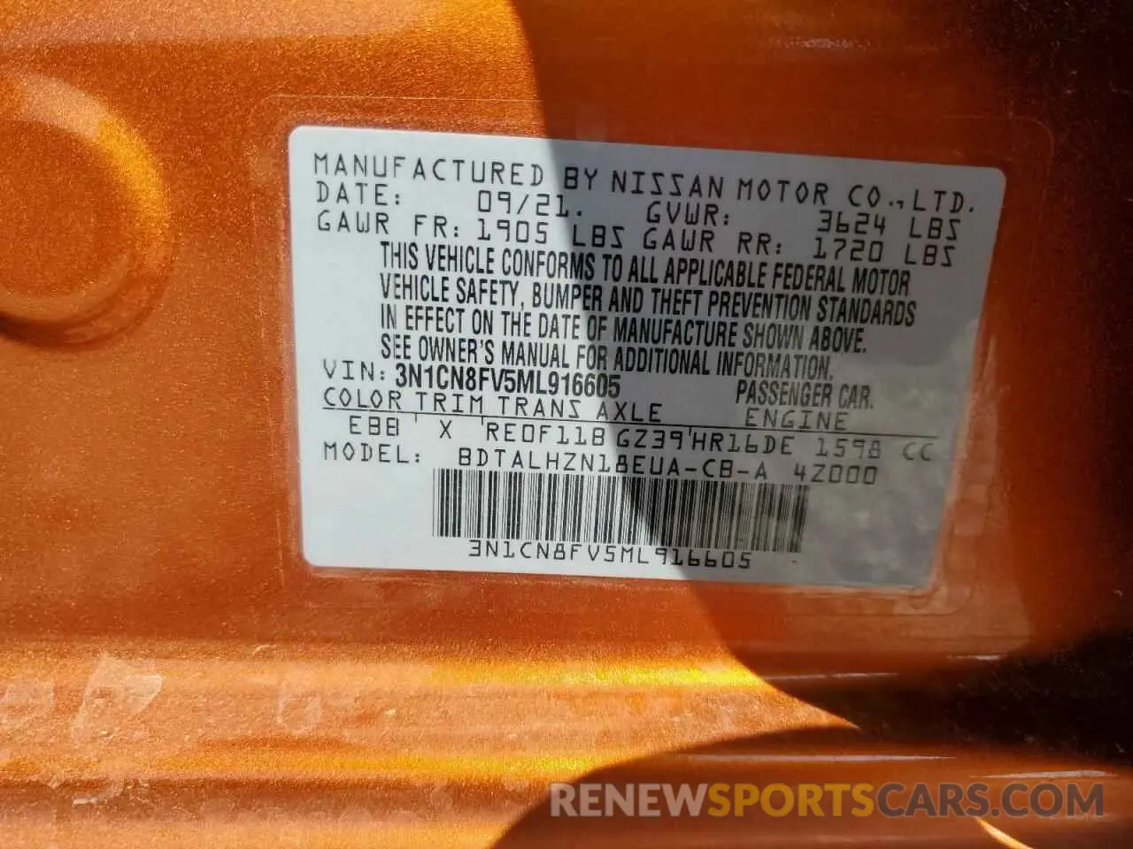 15 Photograph of a damaged car 3N1CN8FV5ML916605 NISSAN VERSA 2021