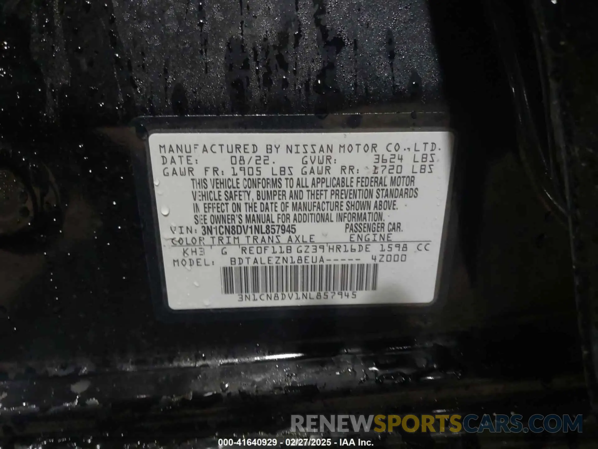 9 Фотография поврежденного автомобиля 3N1CN8DV1NL857945 NISSAN VERSA 2022