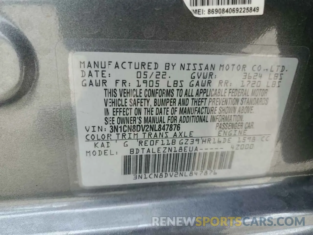 12 Photograph of a damaged car 3N1CN8DV2NL847876 NISSAN VERSA 2022