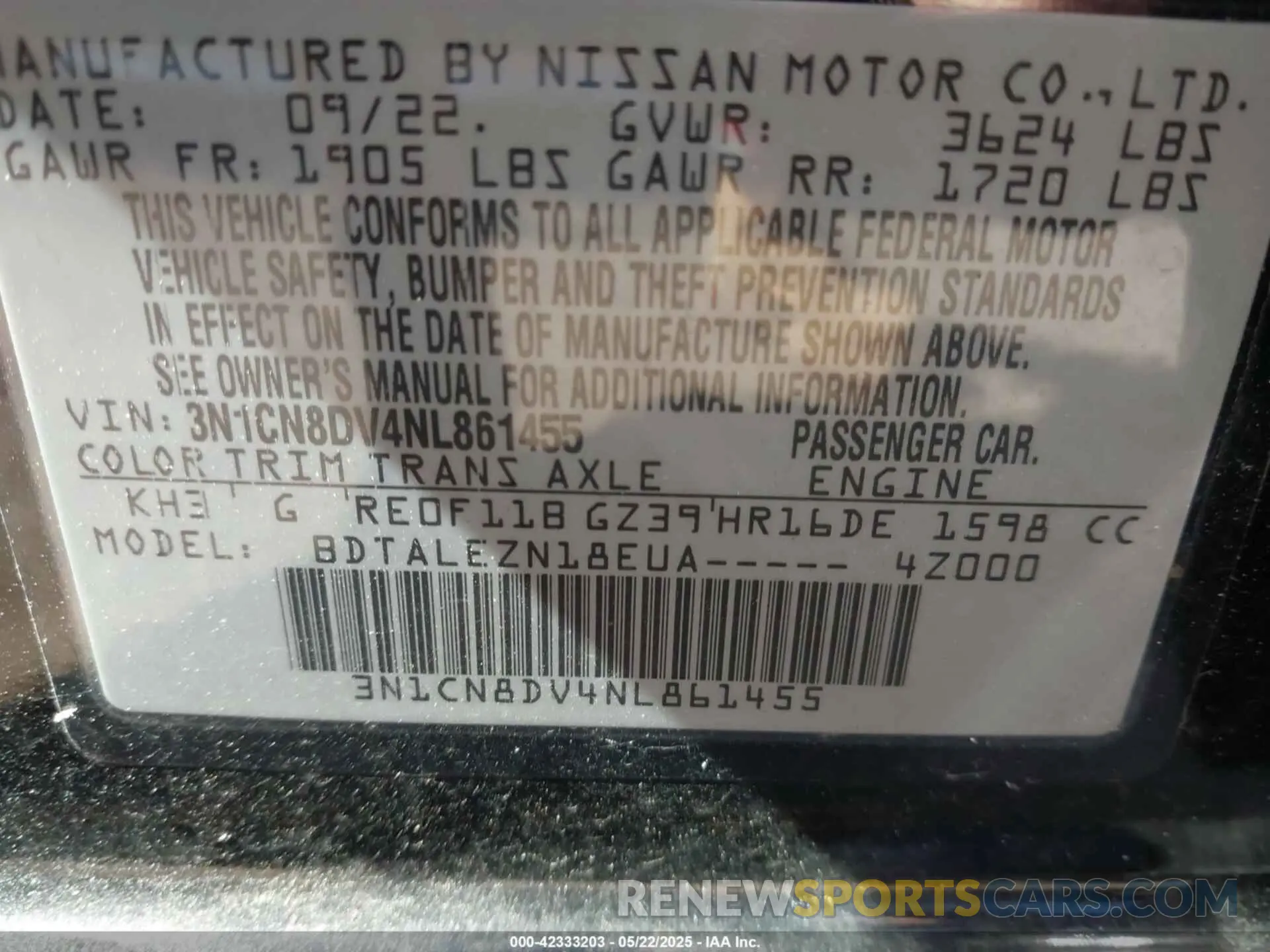 9 Photograph of a damaged car 3N1CN8DV4NL861455 NISSAN VERSA 2022