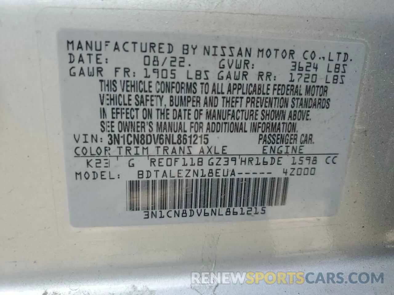 12 Photograph of a damaged car 3N1CN8DV6NL861215 NISSAN VERSA 2022