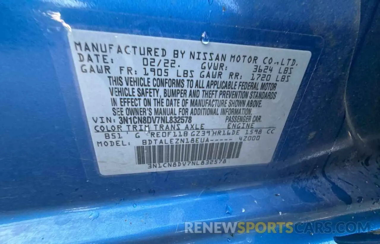 10 Photograph of a damaged car 3N1CN8DV7NL832578 NISSAN VERSA 2022
