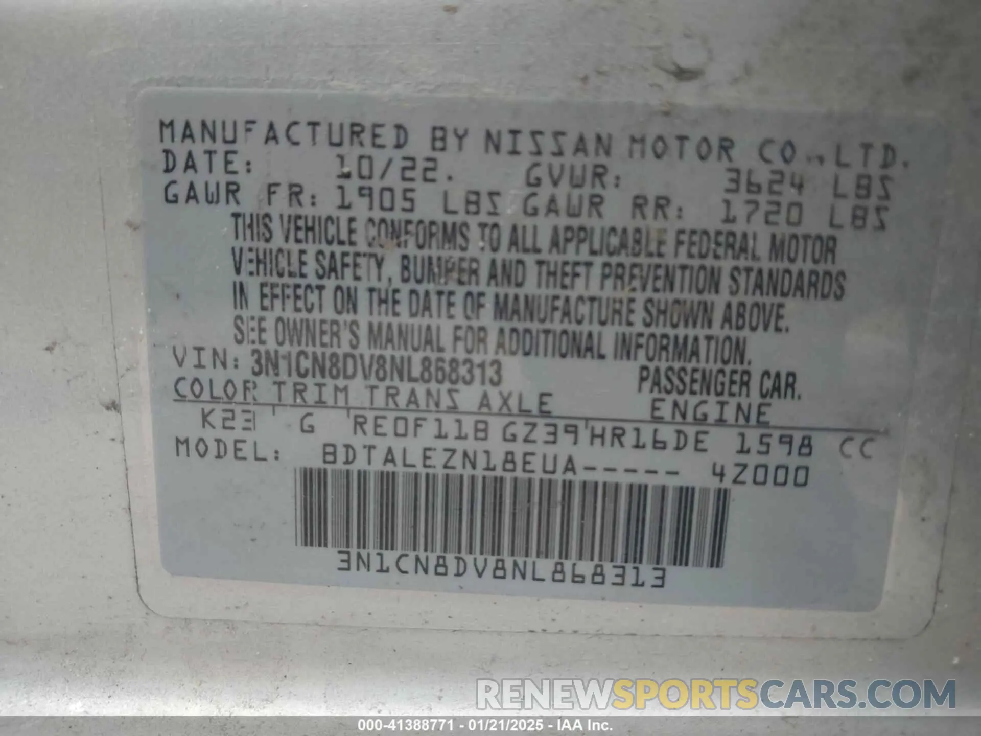 9 Photograph of a damaged car 3N1CN8DV8NL868313 NISSAN VERSA 2022