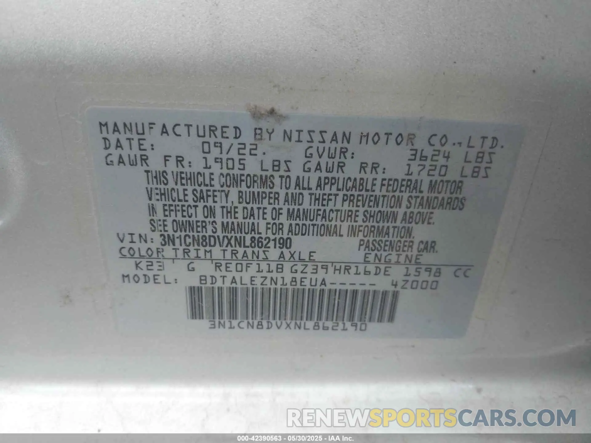 9 Photograph of a damaged car 3N1CN8DVXNL862190 NISSAN VERSA 2022
