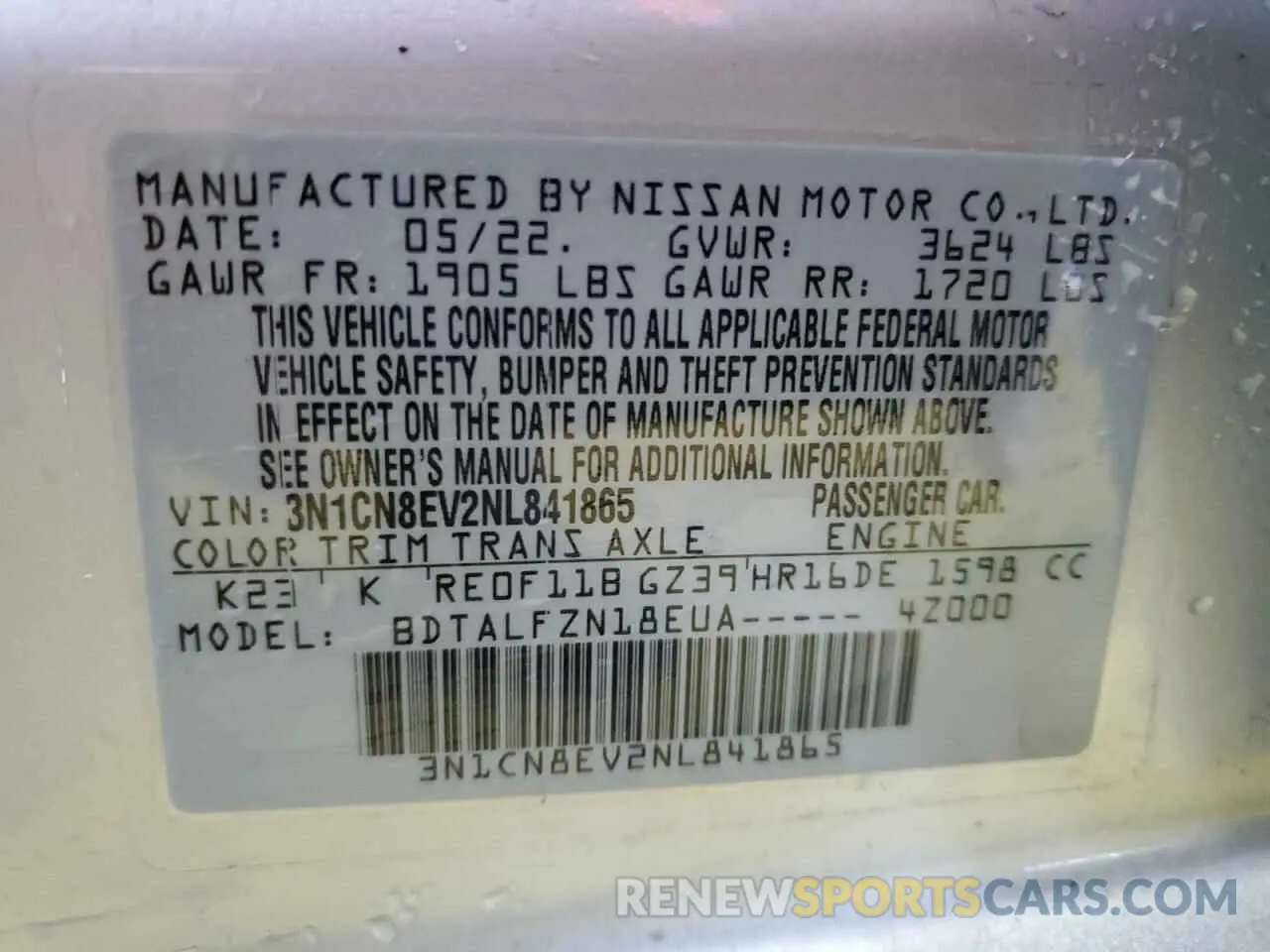 13 Фотография поврежденного автомобиля 3N1CN8EV2NL841865 NISSAN VERSA 2022