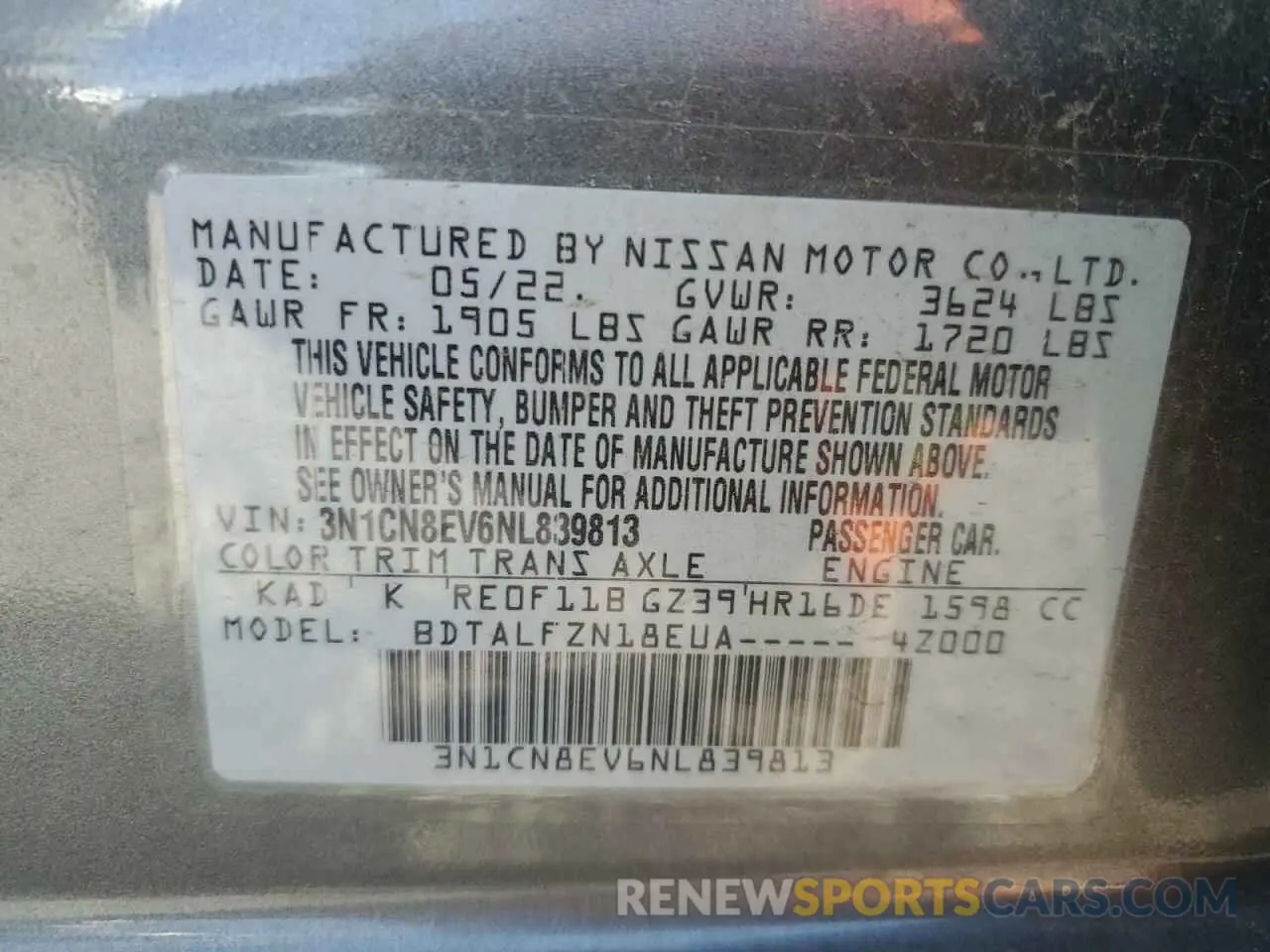13 Photograph of a damaged car 3N1CN8EV6NL839813 NISSAN VERSA 2022