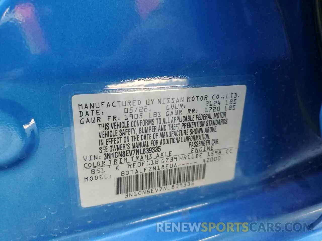 12 Photograph of a damaged car 3N1CN8EV7NL839335 NISSAN VERSA 2022