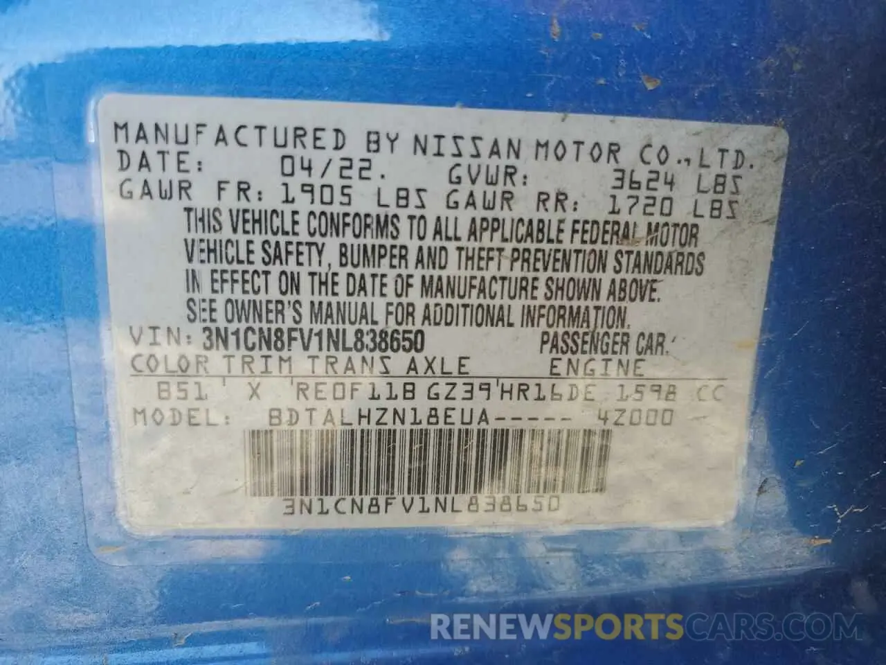 13 Photograph of a damaged car 3N1CN8FV1NL838650 NISSAN VERSA 2022