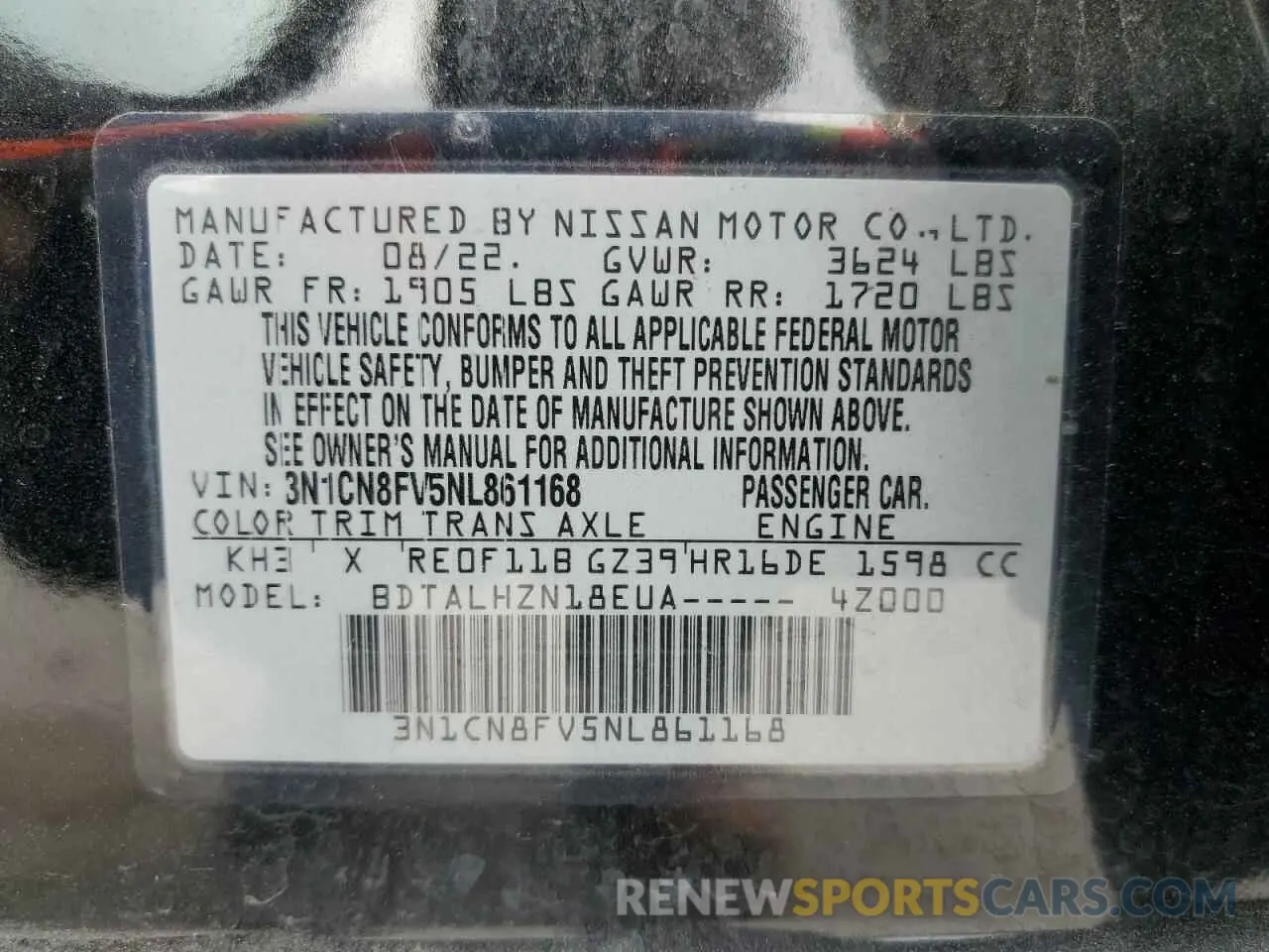 13 Photograph of a damaged car 3N1CN8FV5NL861168 NISSAN VERSA 2022