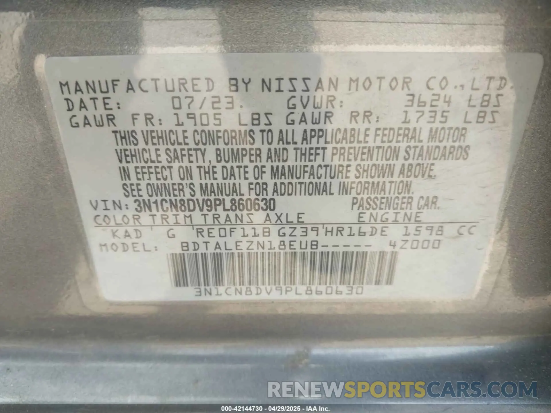9 Фотография поврежденного автомобиля 3N1CN8DV9PL860630 NISSAN VERSA 2023