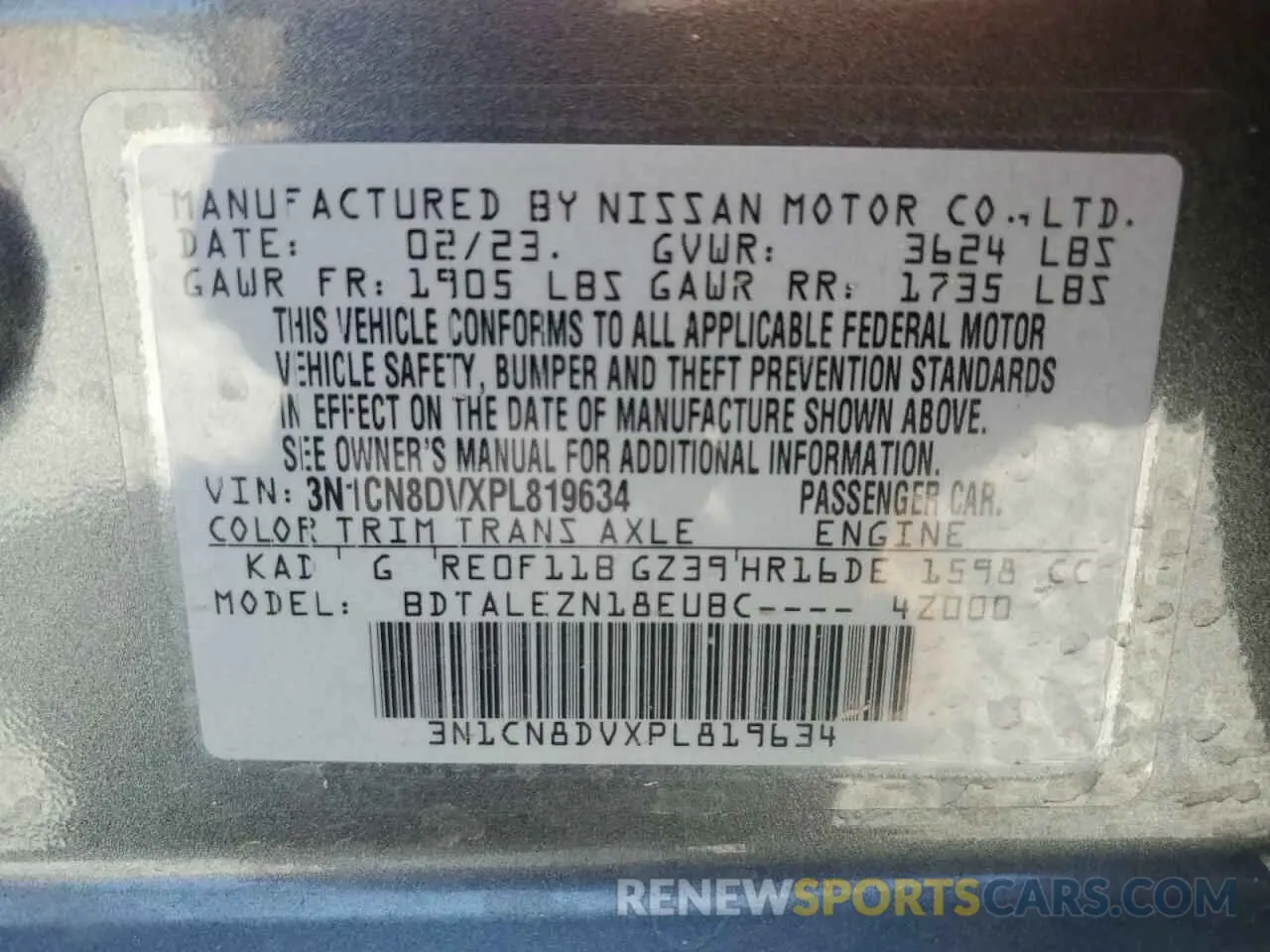 12 Photograph of a damaged car 3N1CN8DVXPL819634 NISSAN VERSA 2023