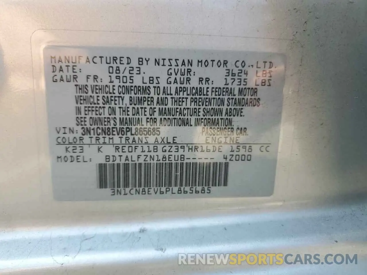 12 Фотография поврежденного автомобиля 3N1CN8EV6PL865685 NISSAN VERSA 2023