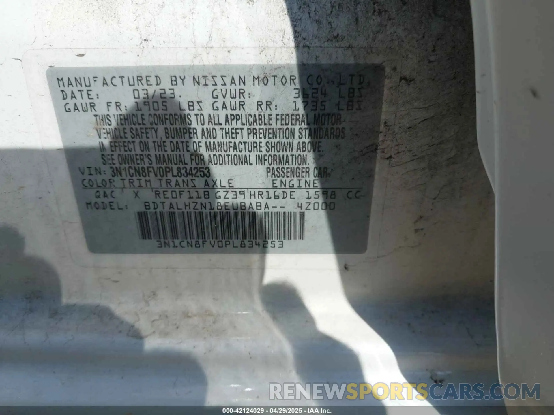 9 Фотография поврежденного автомобиля 3N1CN8FV0PL834253 NISSAN VERSA 2023