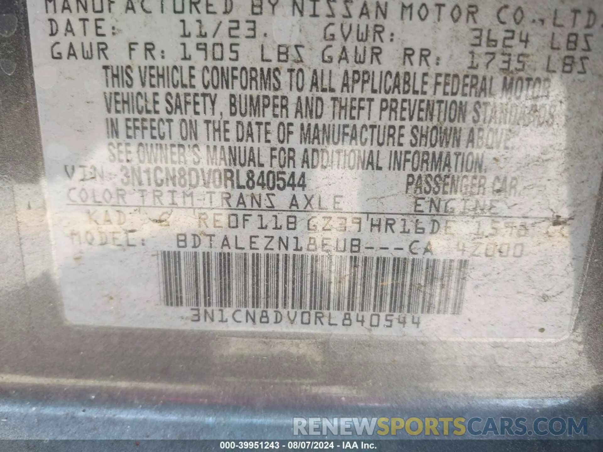 9 Photograph of a damaged car 3N1CN8DV0RL840544 NISSAN VERSA 2024