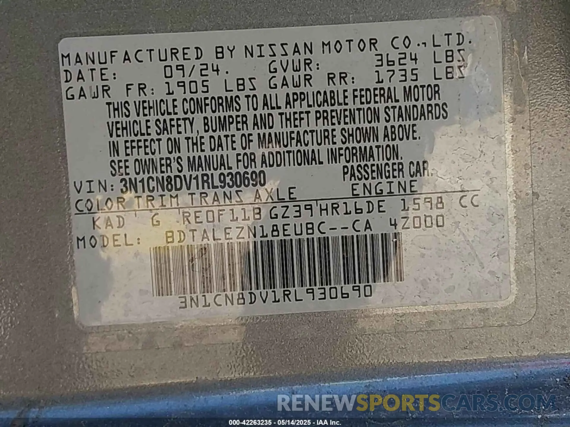 9 Photograph of a damaged car 3N1CN8DV1RL930690 NISSAN VERSA 2024