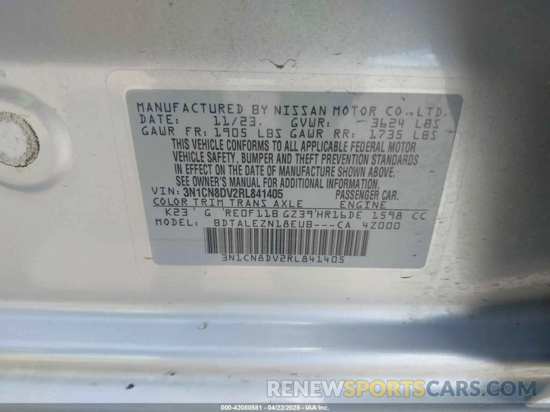 9 Фотография поврежденного автомобиля 3N1CN8DV2RL841405 NISSAN VERSA 2024