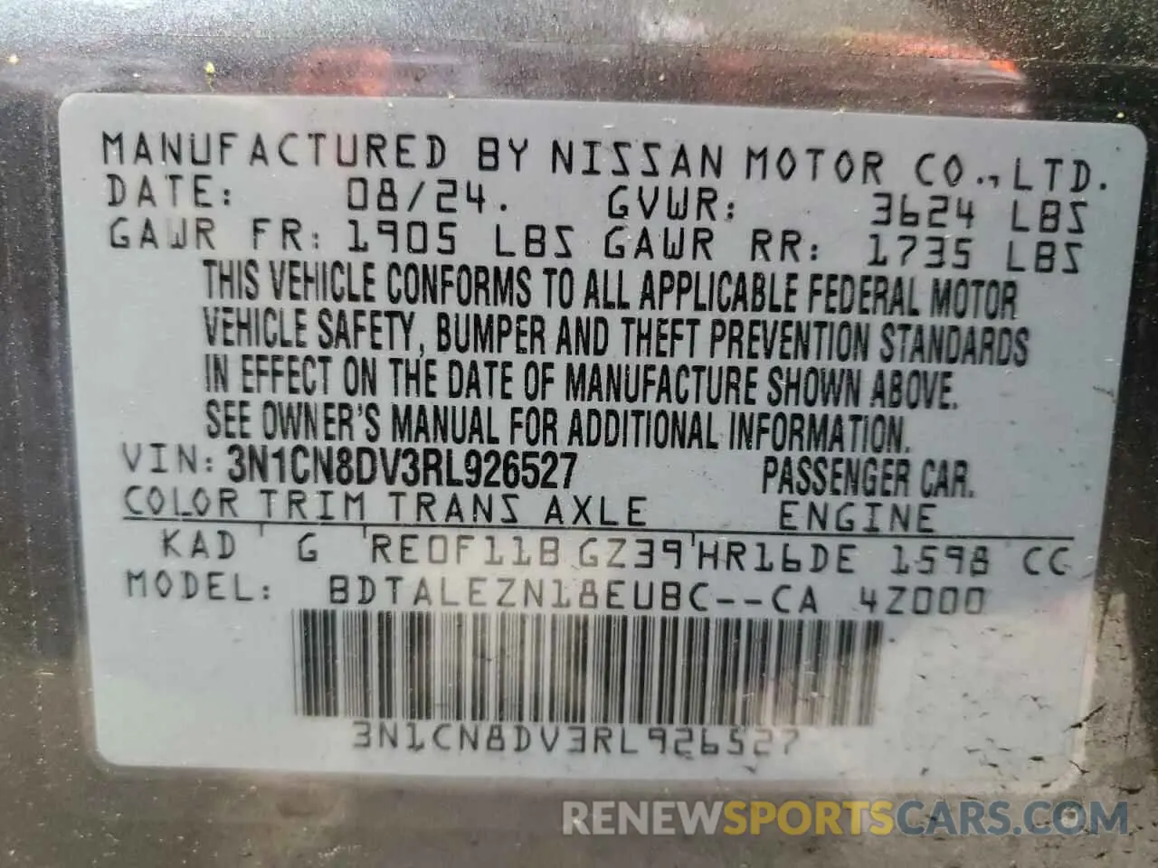 12 Фотография поврежденного автомобиля 3N1CN8DV3RL926527 NISSAN VERSA 2024