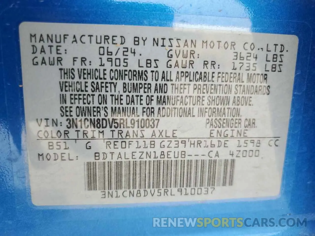 13 Photograph of a damaged car 3N1CN8DV5RL910037 NISSAN VERSA 2024