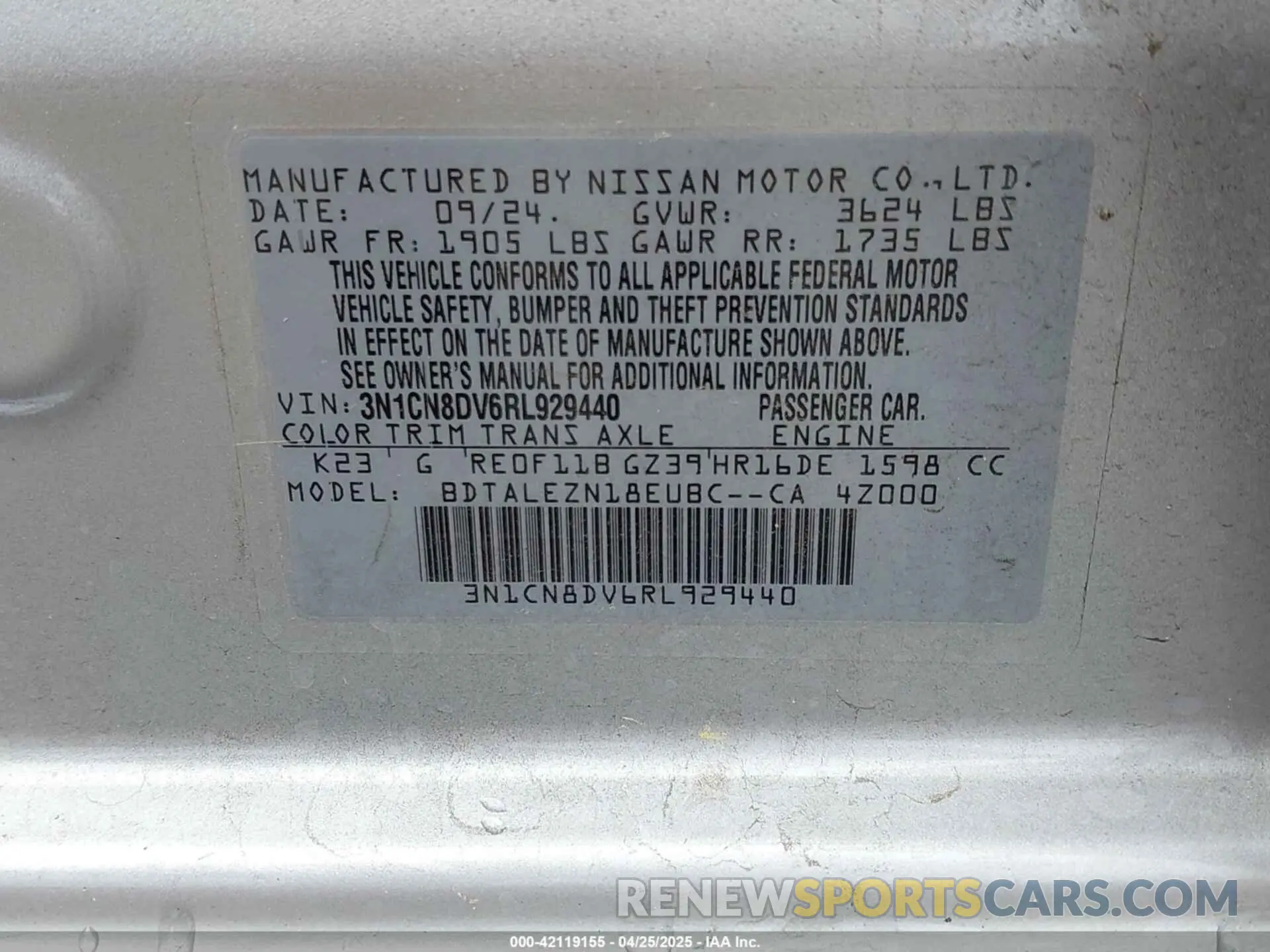 9 Photograph of a damaged car 3N1CN8DV6RL929440 NISSAN VERSA 2024