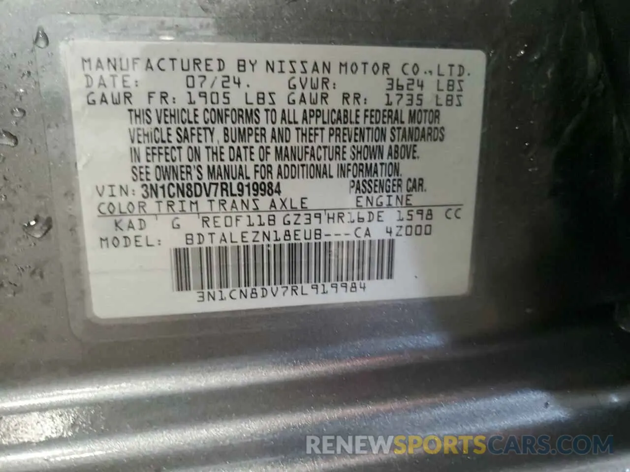 12 Фотография поврежденного автомобиля 3N1CN8DV7RL919984 NISSAN VERSA 2024