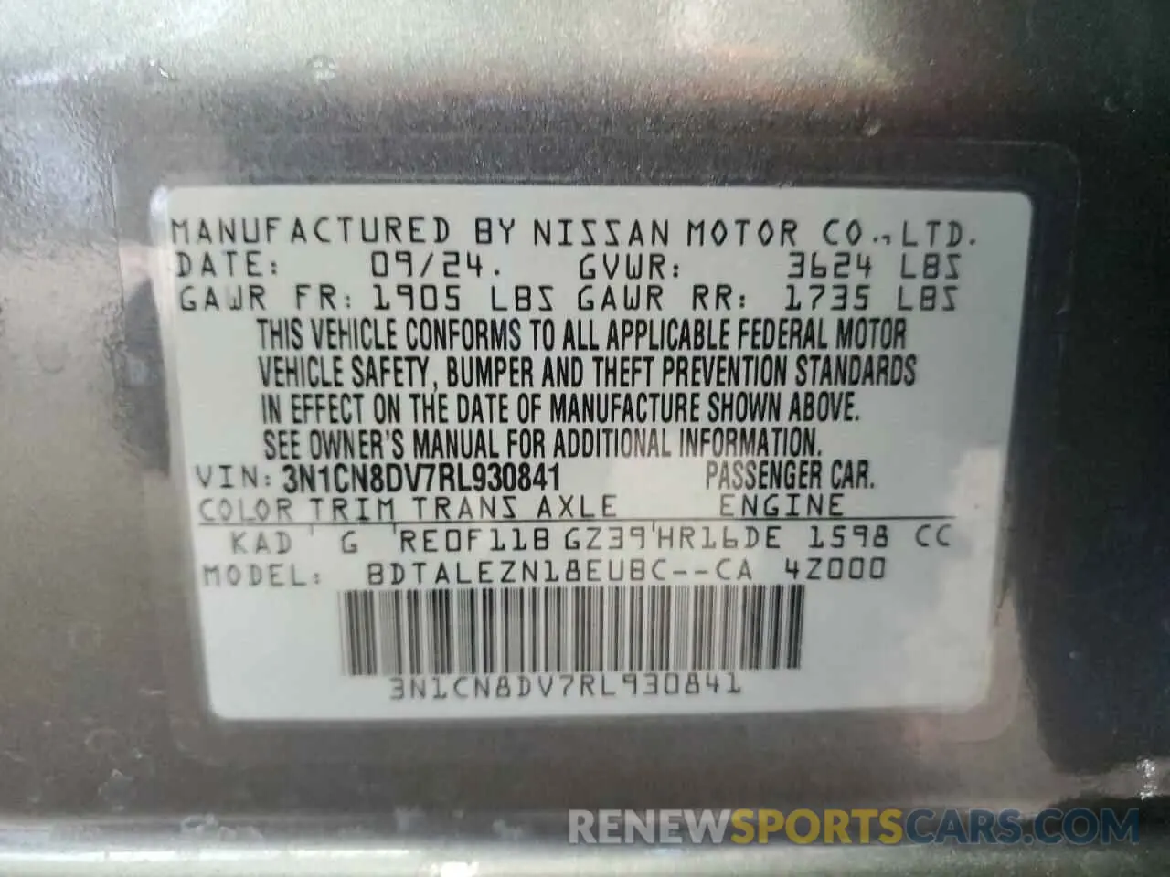 13 Фотография поврежденного автомобиля 3N1CN8DV7RL930841 NISSAN VERSA 2024