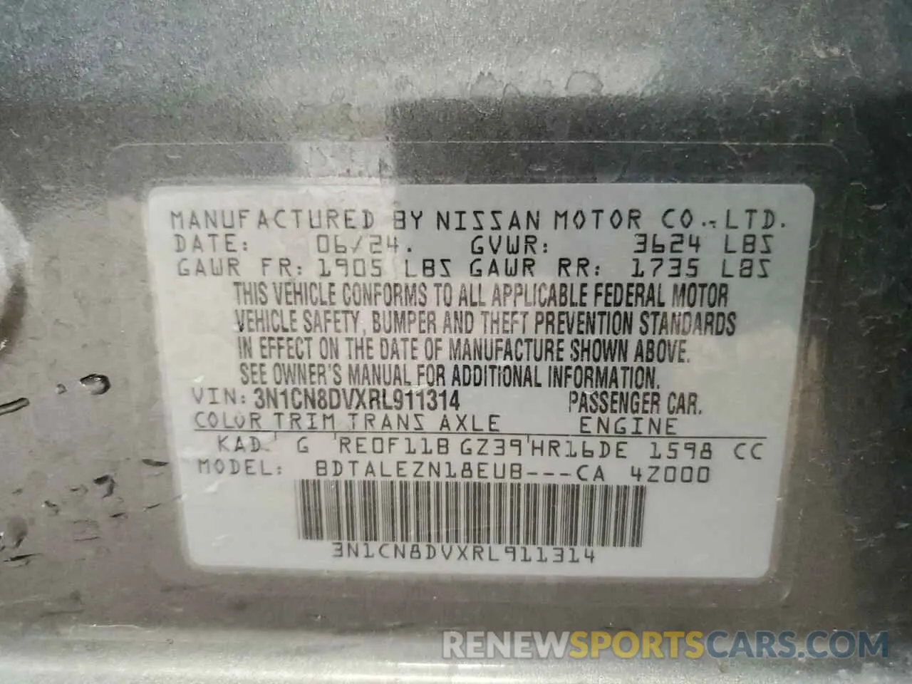 13 Фотография поврежденного автомобиля 3N1CN8DVXRL911314 NISSAN VERSA 2024