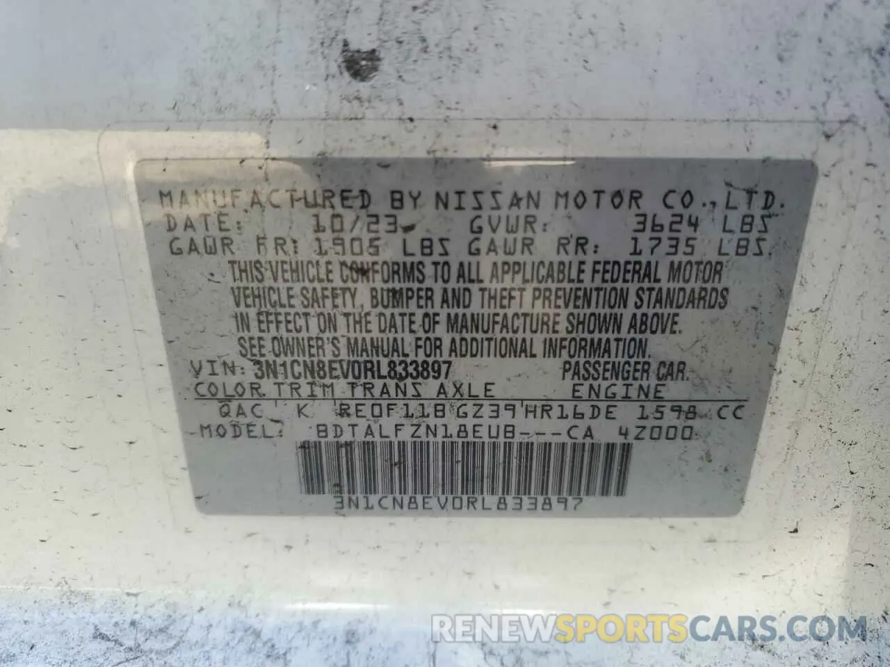 13 Photograph of a damaged car 3N1CN8EV0RL833897 NISSAN VERSA 2024