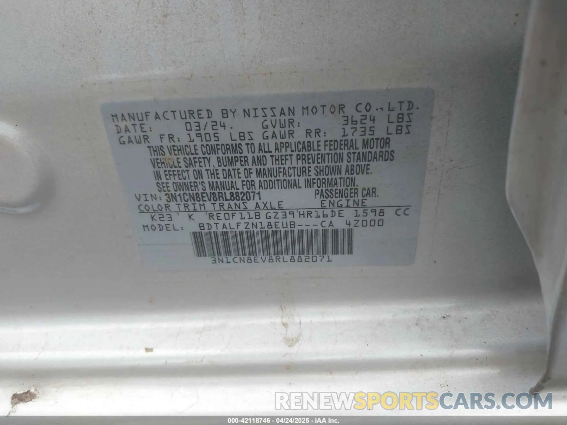 8 Фотография поврежденного автомобиля 3N1CN8EV8RL882071 NISSAN VERSA 2024