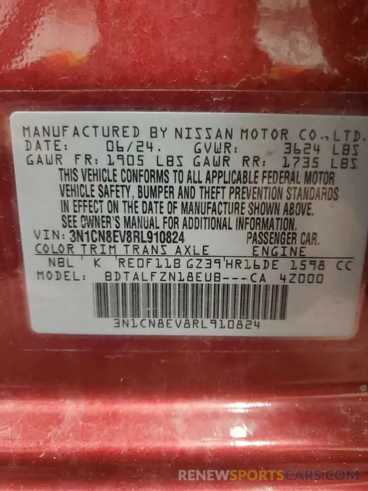 12 Фотография поврежденного автомобиля 3N1CN8EV8RL910824 NISSAN VERSA 2024