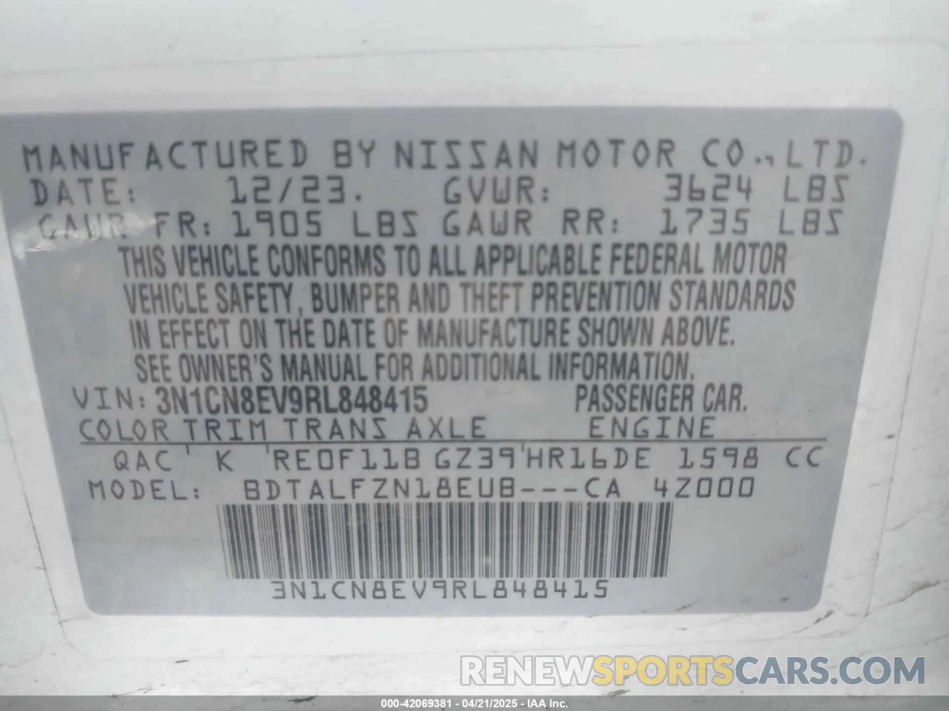 9 Photograph of a damaged car 3N1CN8EV9RL848415 NISSAN VERSA 2024