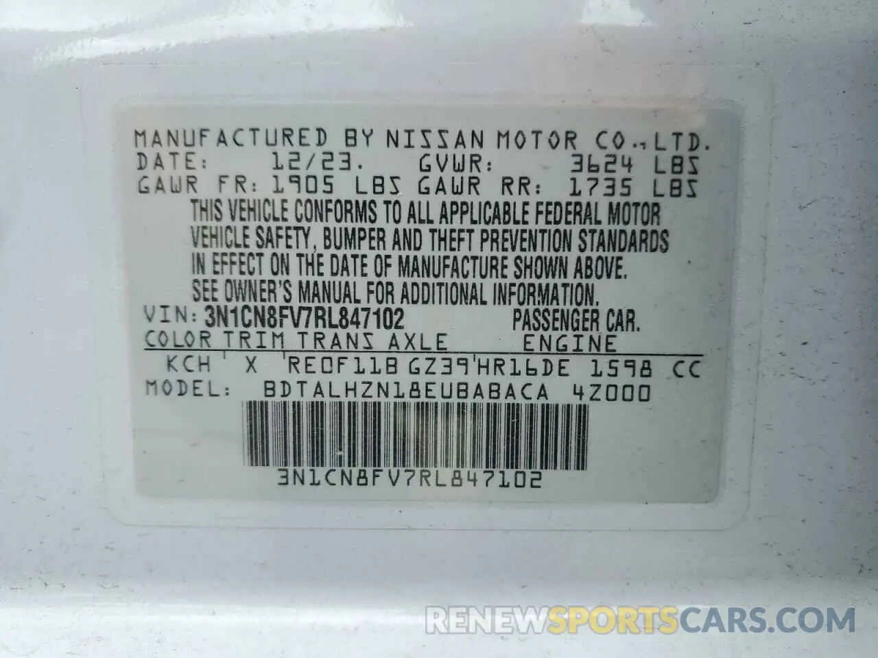 12 Photograph of a damaged car 3N1CN8FV7RL847102 NISSAN VERSA 2024