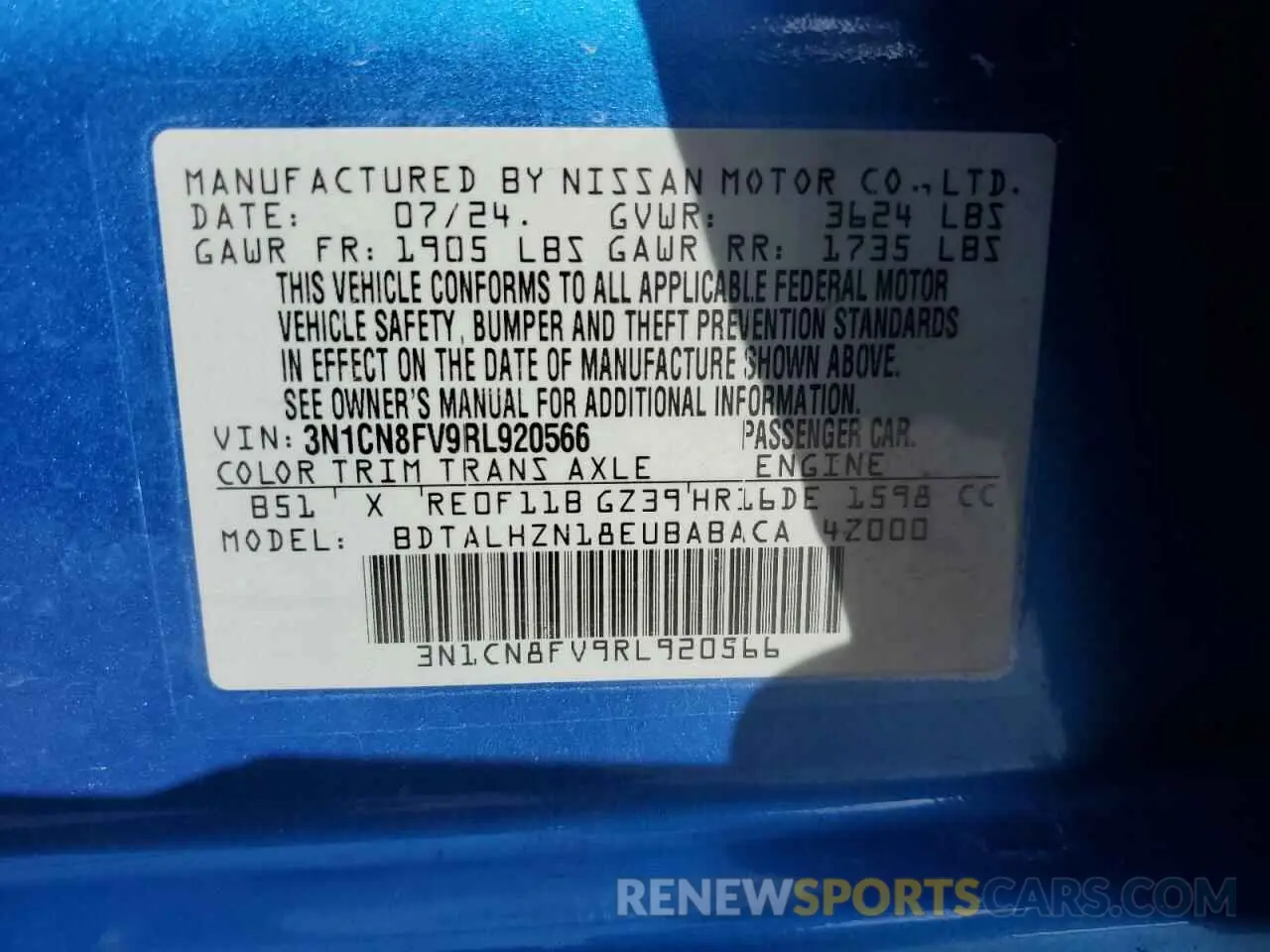 12 Photograph of a damaged car 3N1CN8FV9RL920566 NISSAN VERSA 2024