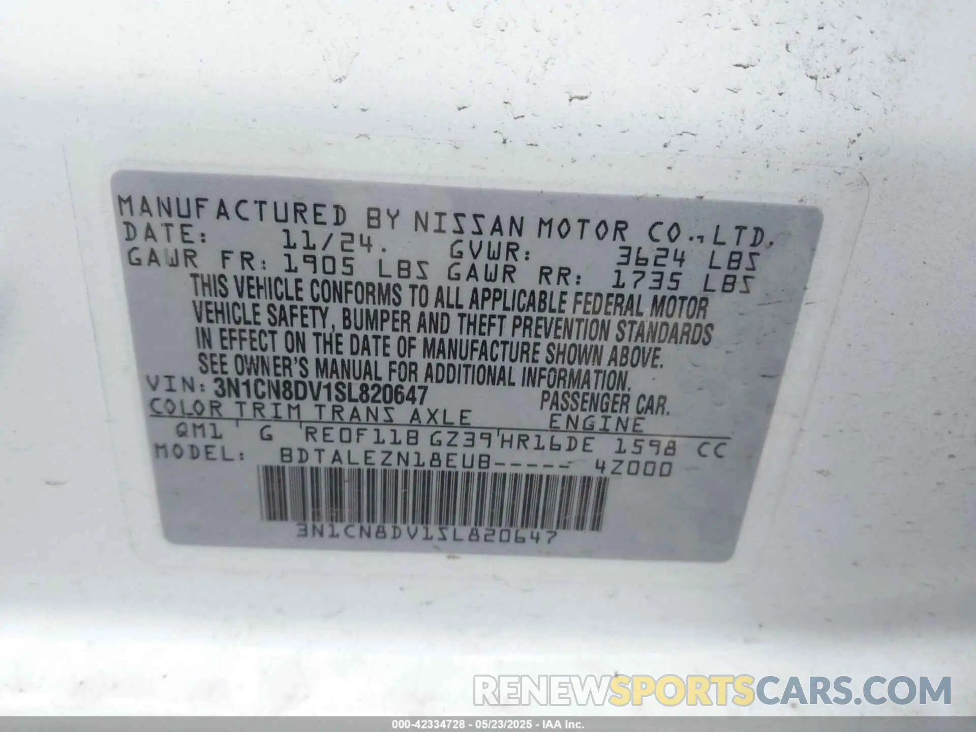 9 Фотография поврежденного автомобиля 3N1CN8DV1SL820647 NISSAN VERSA 2025