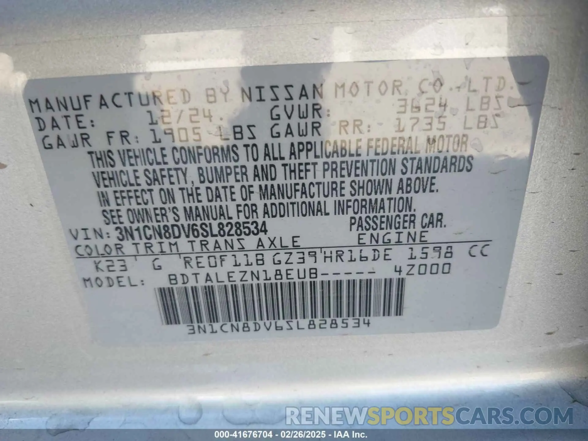 9 Фотография поврежденного автомобиля 3N1CN8DV6SL828534 NISSAN VERSA 2025