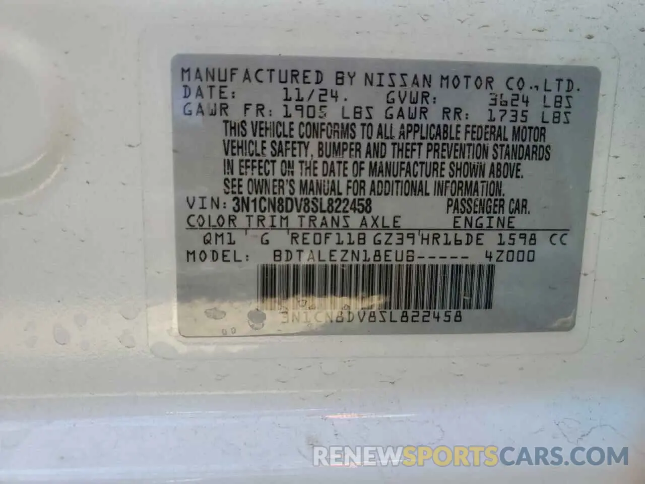 12 Фотография поврежденного автомобиля 3N1CN8DV8SL822458 NISSAN VERSA 2025
