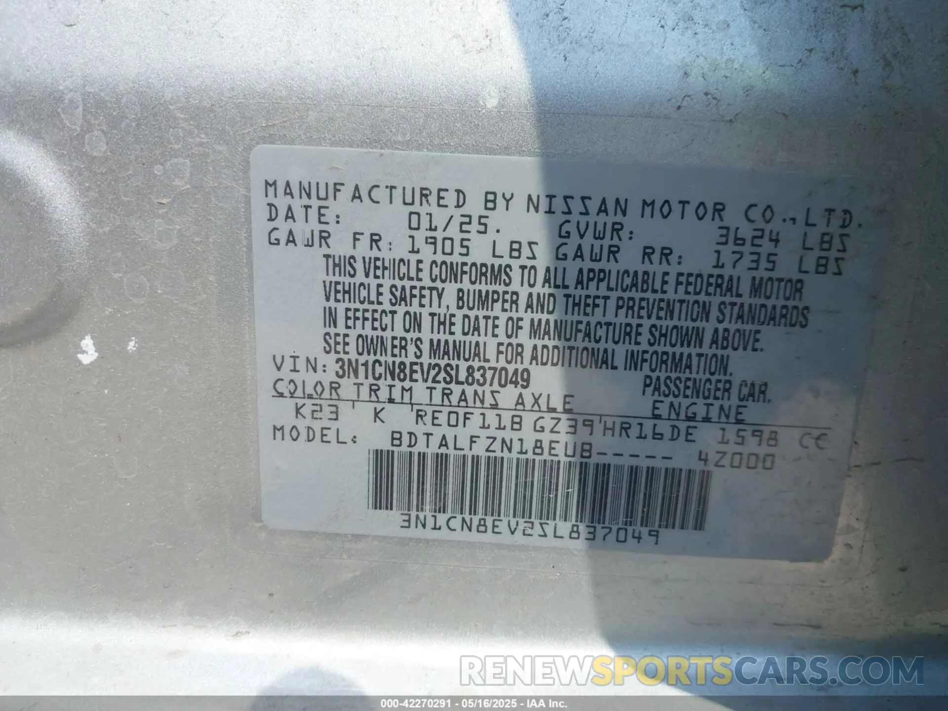 9 Фотография поврежденного автомобиля 3N1CN8EV2SL837049 NISSAN VERSA 2025