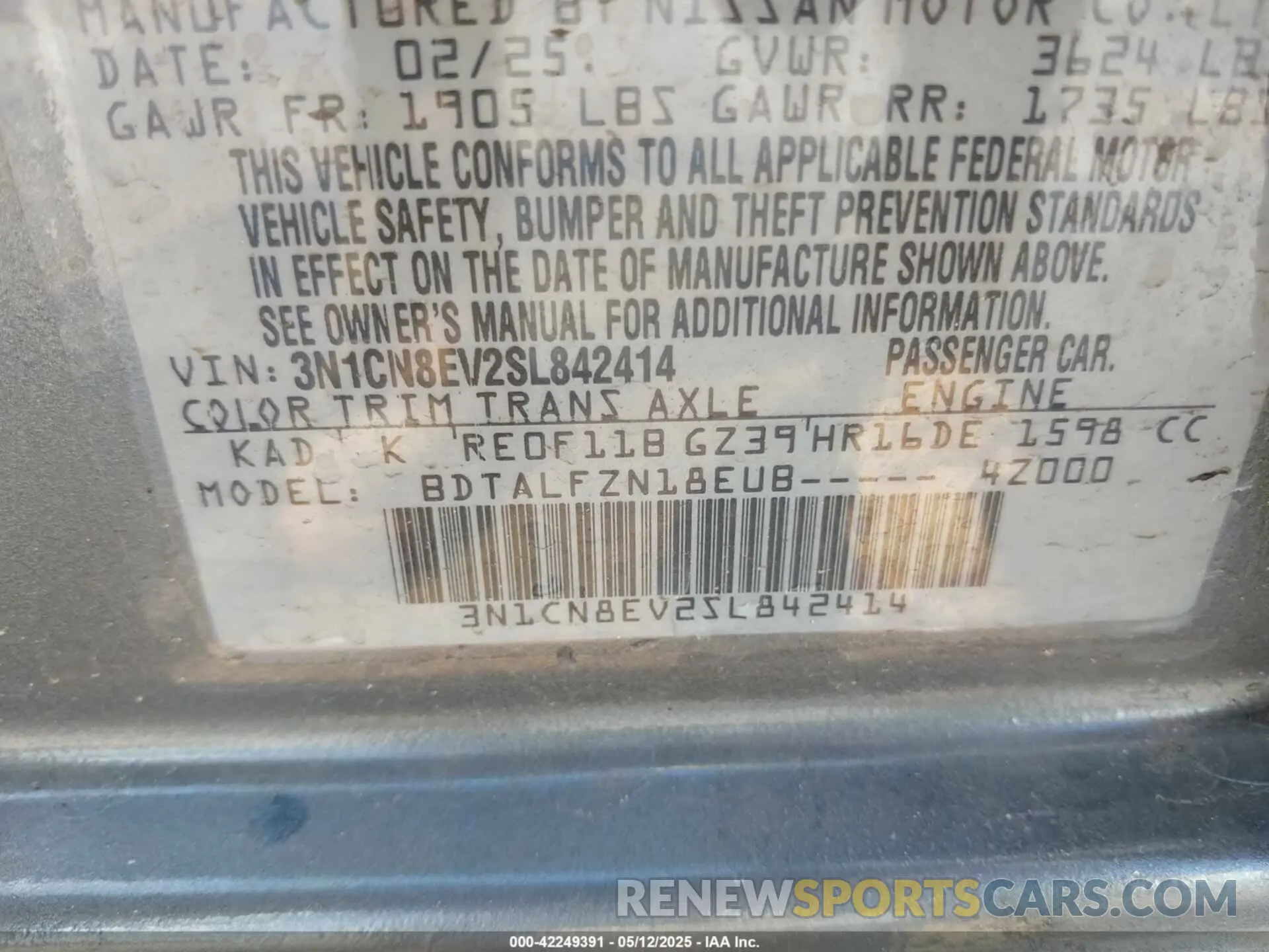 9 Фотография поврежденного автомобиля 3N1CN8EV2SL842414 NISSAN VERSA 2025