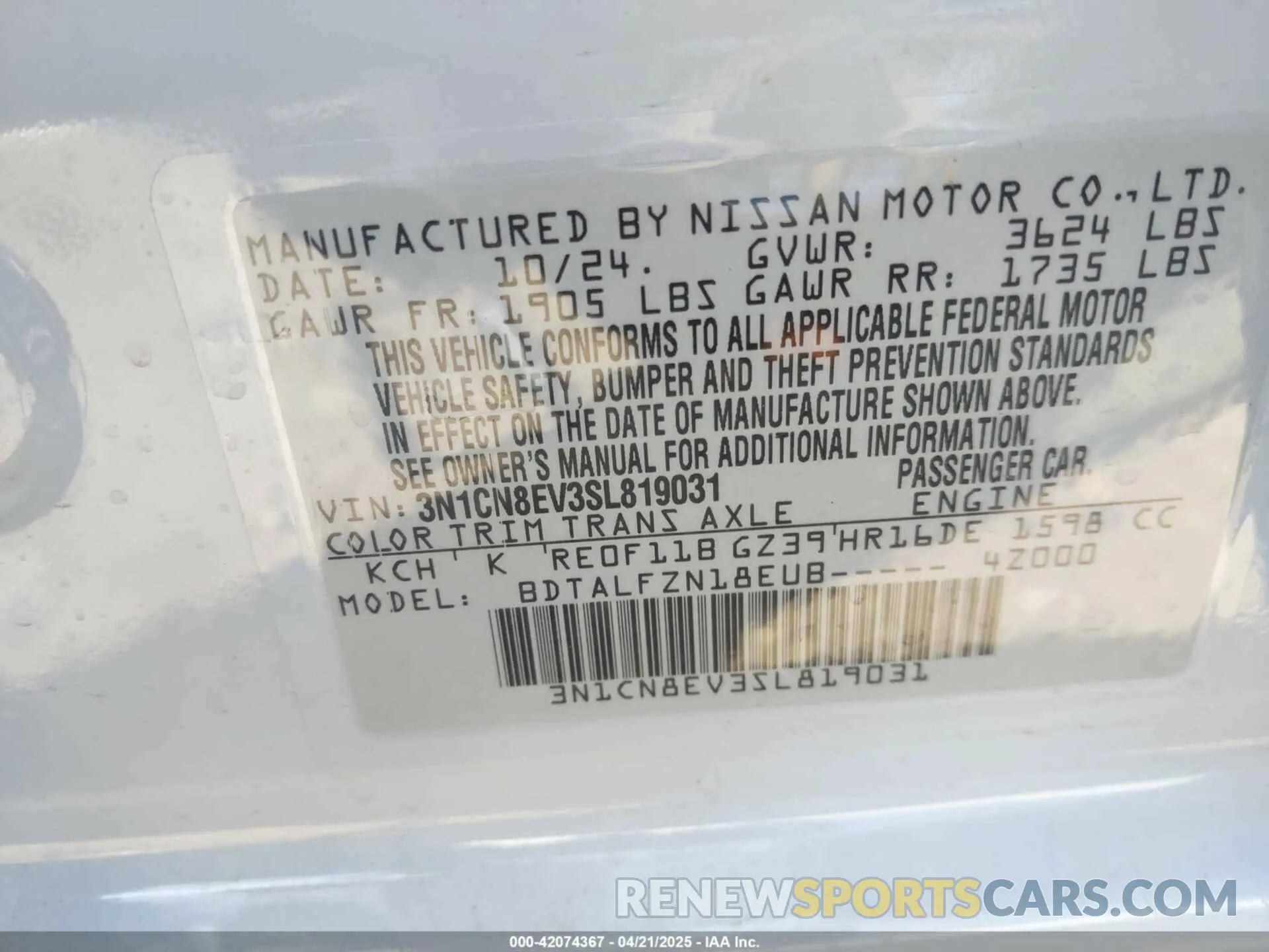 9 Photograph of a damaged car 3N1CN8EV3SL819031 NISSAN VERSA 2025