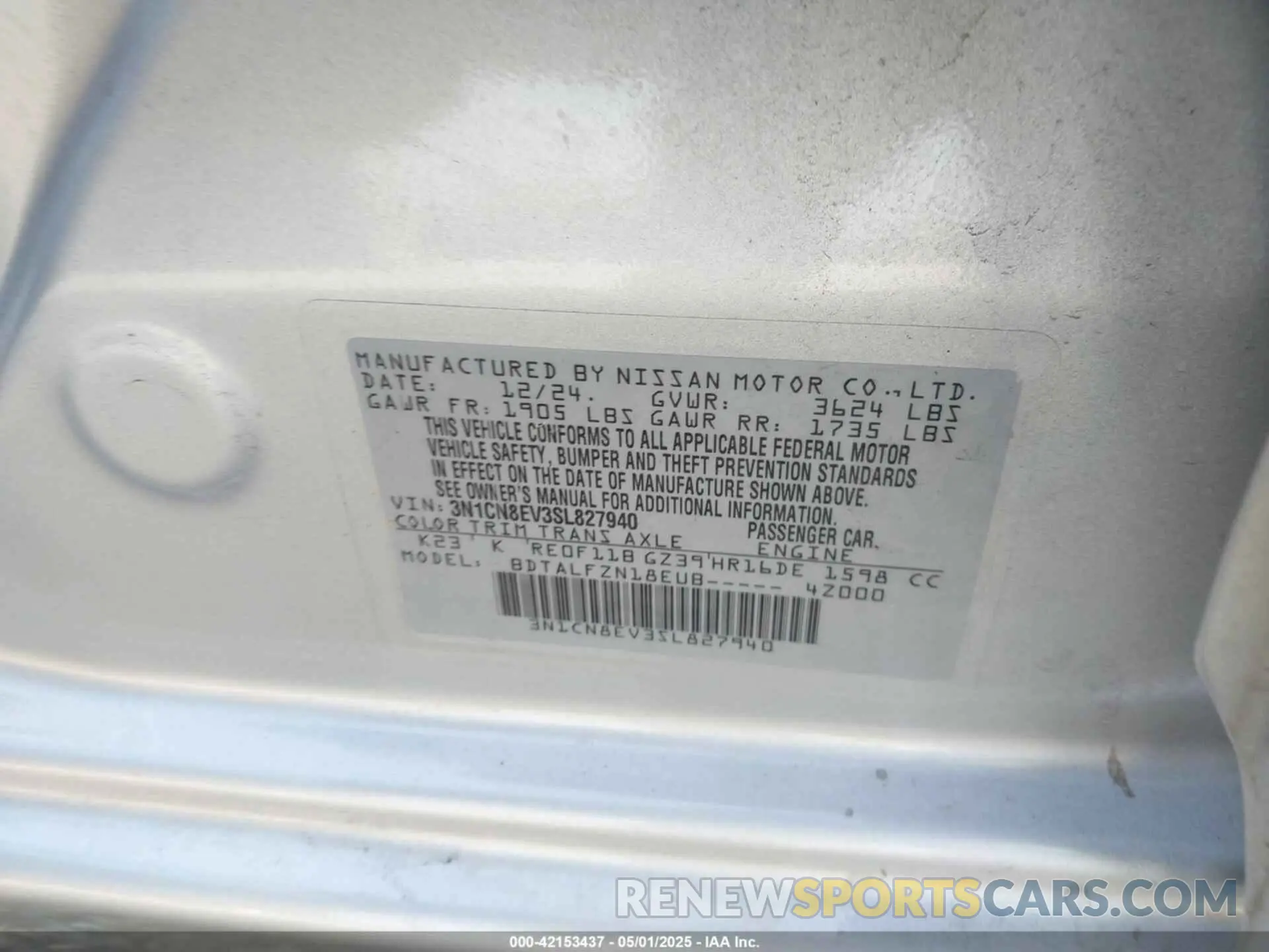 9 Фотография поврежденного автомобиля 3N1CN8EV3SL827940 NISSAN VERSA 2025