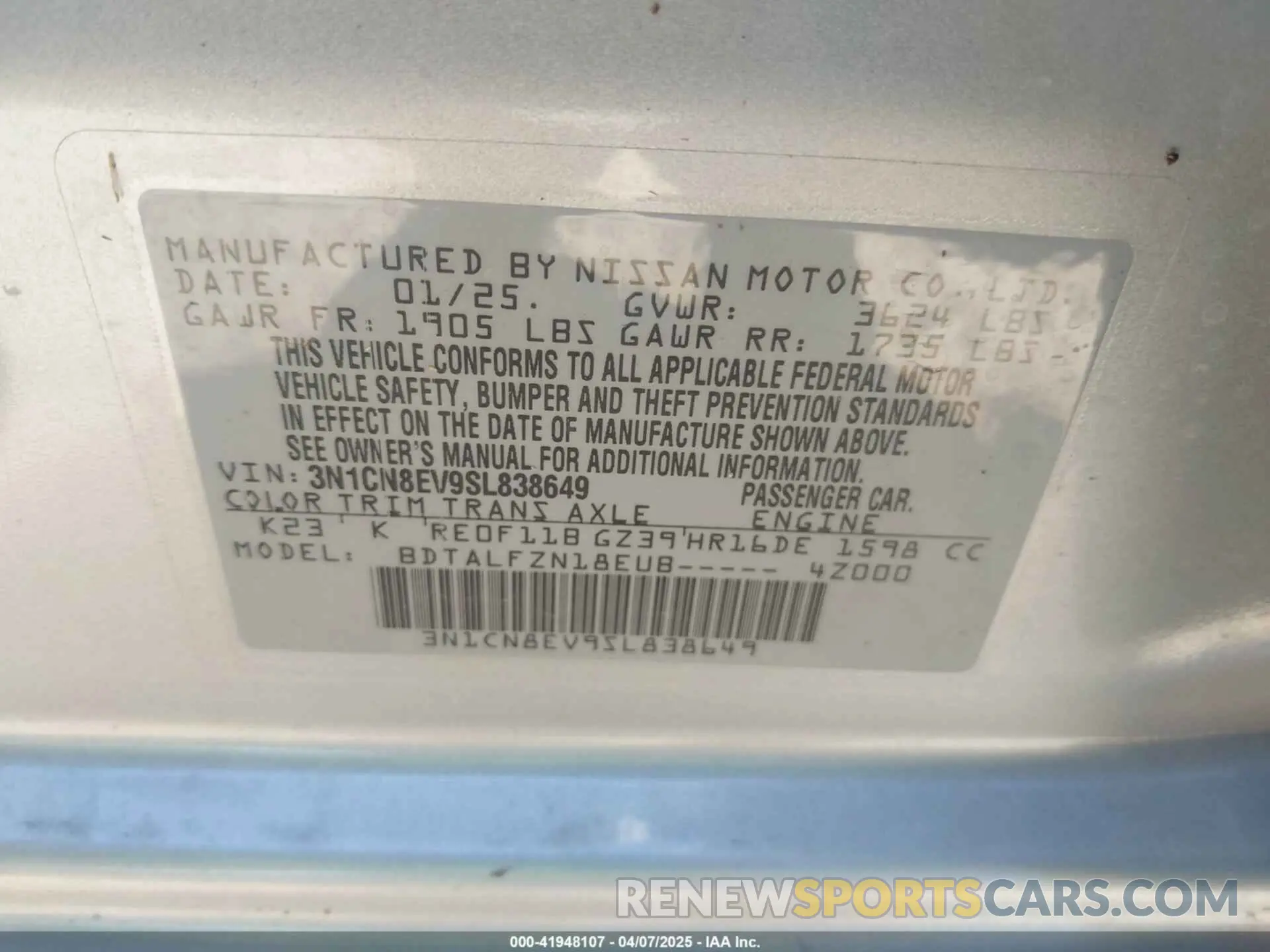 9 Photograph of a damaged car 3N1CN8EV9SL838649 NISSAN VERSA 2025